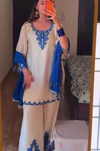 Cream silk blend embroidered palazzo set