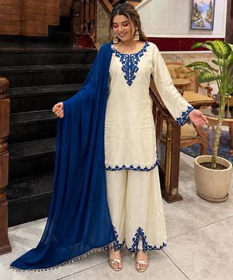 Cream silk blend embroidered palazzo set 3
