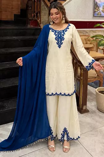 Cream silk blend embroidered palazzo set
