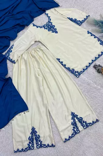 Cream silk blend embroidered palazzo set