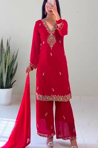 Red faux georgette embroidered palazzo set