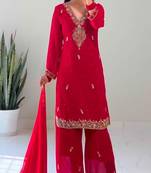 Red faux georgette embroidered palazzo set