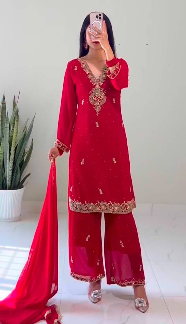 Red faux georgette embroidered palazzo set