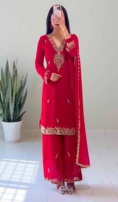 Red faux georgette embroidered palazzo set 2
