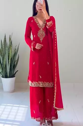 Red faux georgette embroidered palazzo set
