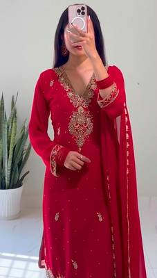 Red faux georgette embroidered palazzo set 3