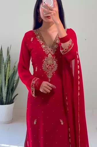 Red faux georgette embroidered palazzo set