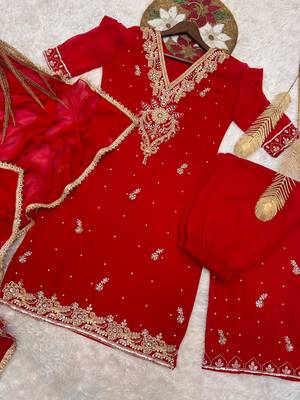 Red faux georgette embroidered palazzo set 4