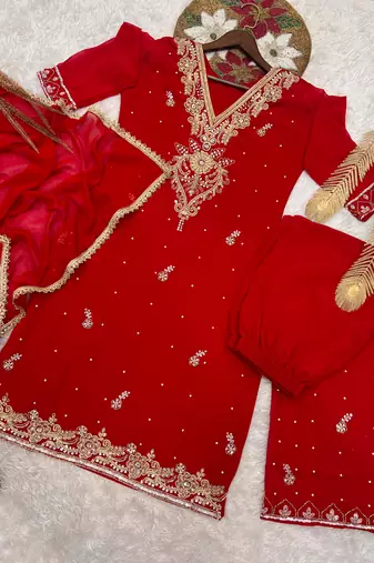 Red faux georgette embroidered palazzo set