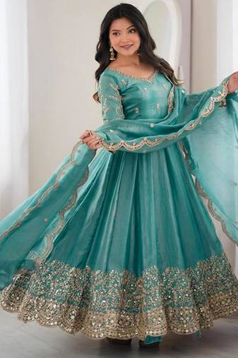 Light-blue silk blend embroidered flared gown set