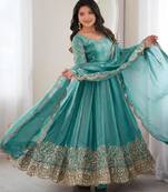 Light-blue silk blend embroidered flared gown set