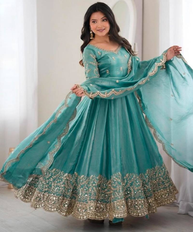 Light-blue silk blend embroidered flared gown set
