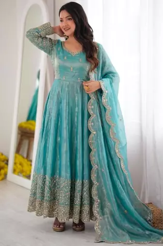 Light-blue silk blend embroidered flared gown set