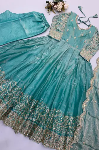 Light-blue silk blend embroidered flared gown set