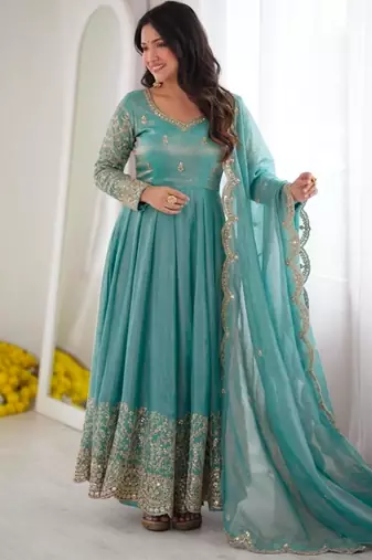 Light-blue silk blend embroidered flared gown set
