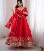 Red silk blend embroidered flared gown set