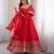 Red silk blend embroidered flared gown set