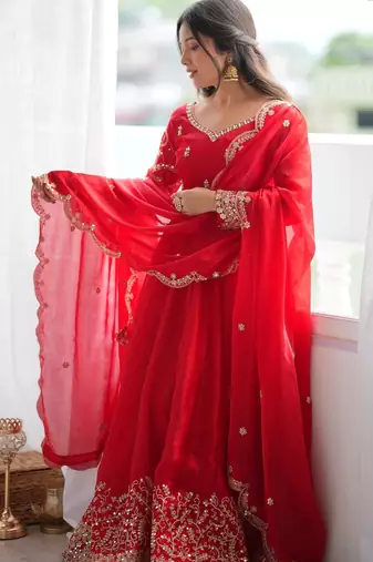 Red silk blend embroidered flared gown set