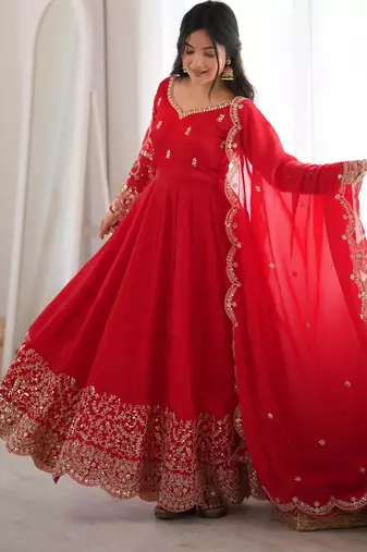 Red silk blend embroidered flared gown set