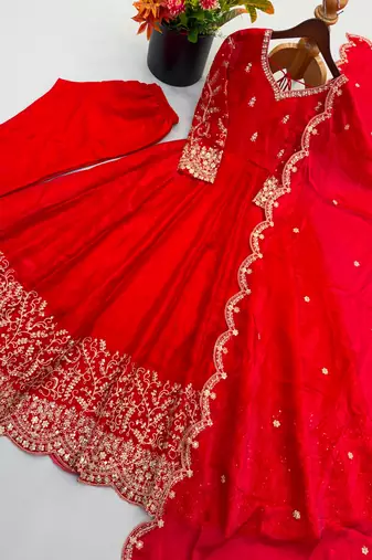 Red silk blend embroidered flared gown set