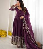 Purple silk blend embroidered flared gown set