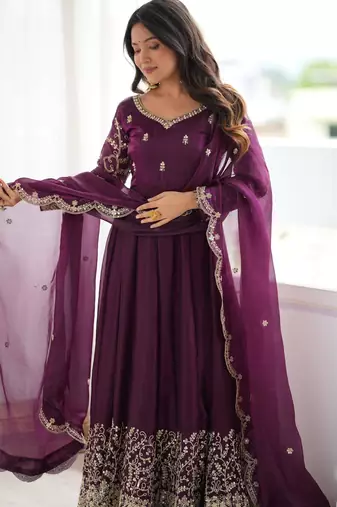 Purple silk blend embroidered flared gown set
