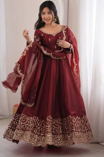 Maroon silk blend embroidered flared gown set