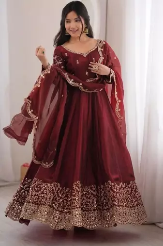 Maroon silk blend embroidered flared gown set