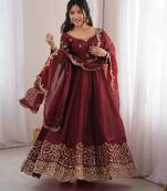 Maroon silk blend embroidered flared gown set