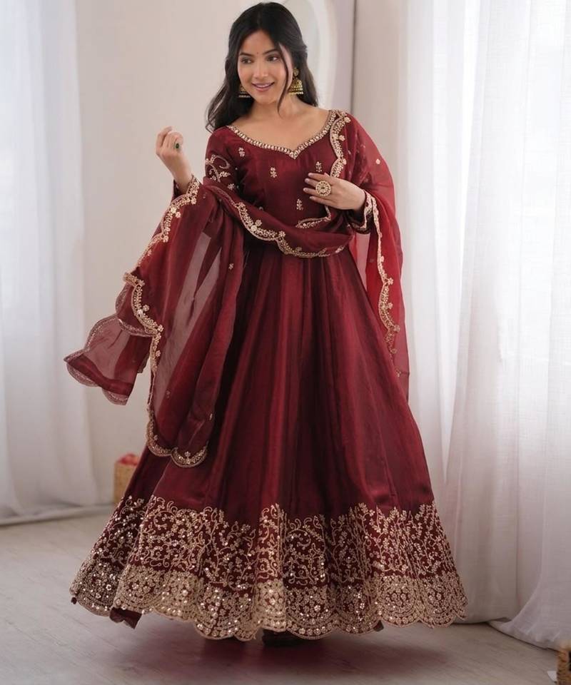 Maroon silk blend embroidered flared gown set