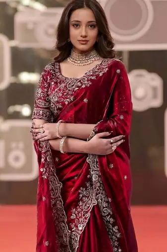 maroon jimmy choo embroidered embellished havy work wedding wear saree