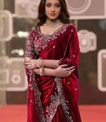 maroon jimmy choo embroidered embellished havy work wedding wear saree