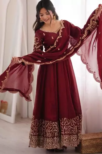 Maroon silk blend embroidered flared gown set
