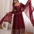 Maroon silk blend embroidered flared gown set