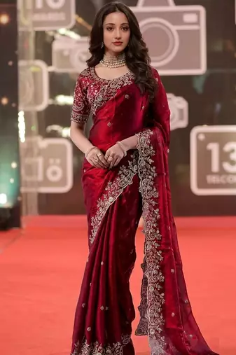 maroon jimmy choo embroidered embellished havy work wedding wear saree