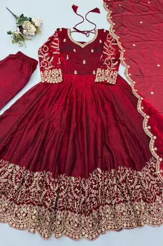 Maroon silk blend embroidered flared gown set