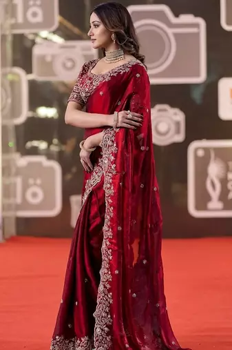 maroon jimmy choo embroidered embellished havy work wedding wear saree