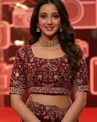 maroon jimmy choo embroidered embellished havy work wedding wear saree 4