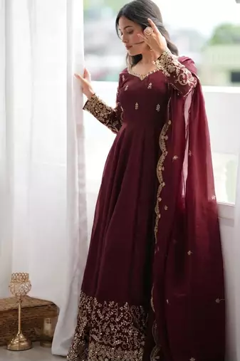 Maroon silk blend embroidered flared gown set