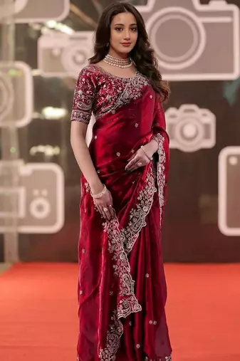 maroon jimmy choo embroidered embellished havy work wedding wear saree