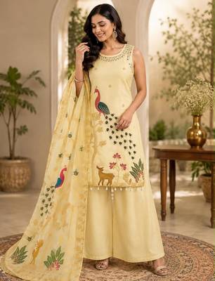 Cream silk blend embroidered palazzo set 1