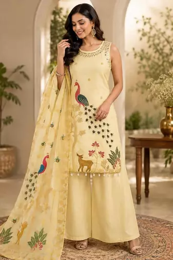 Cream silk blend embroidered palazzo set
