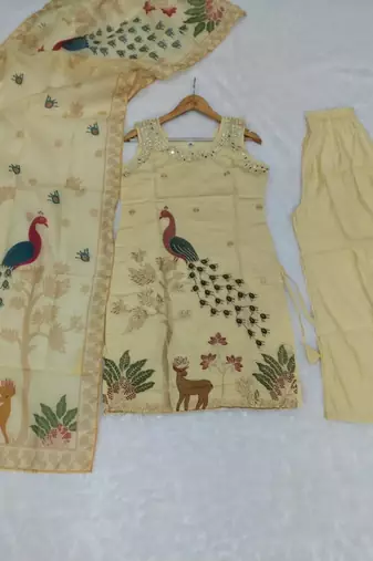 Cream silk blend embroidered palazzo set