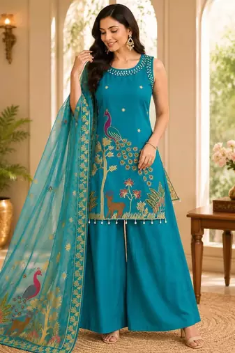 Blue silk blend embroidered palazzo set