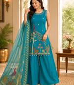 Blue silk blend embroidered palazzo set