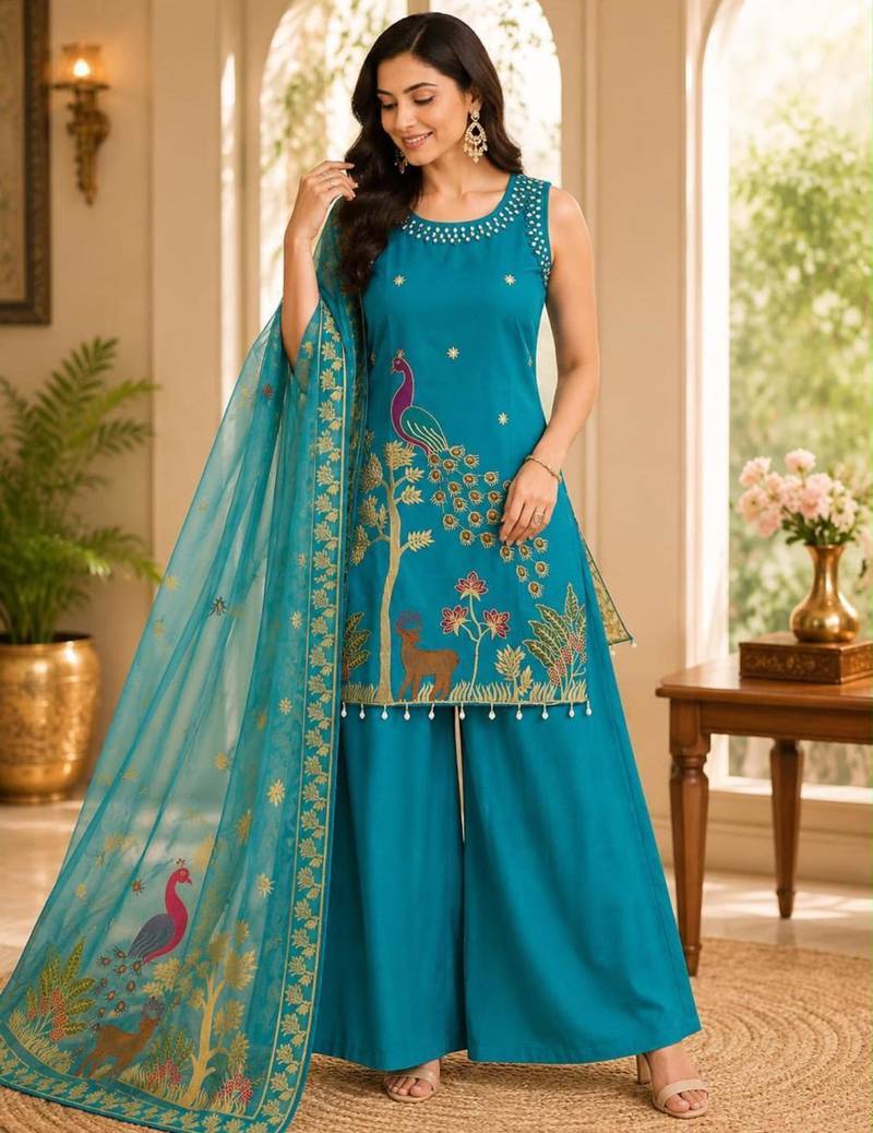 Blue silk blend embroidered palazzo set