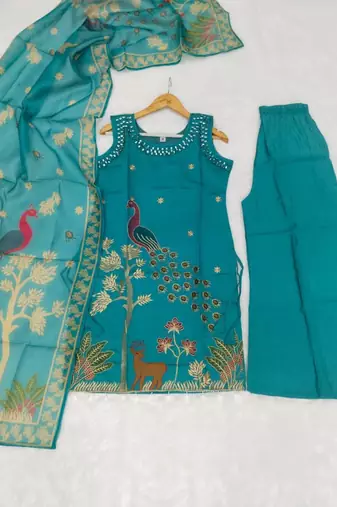 Blue silk blend embroidered palazzo set