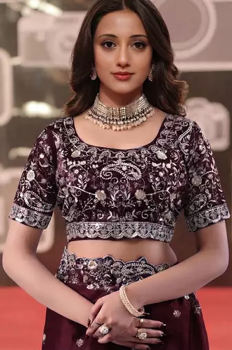 wine jimmy choo embroidered embellished havy work wedding wear saree