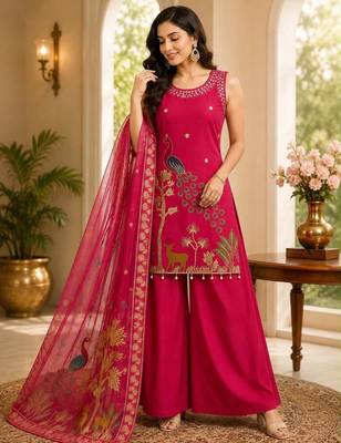 Rani-pink silk blend embroidered palazzo set 1