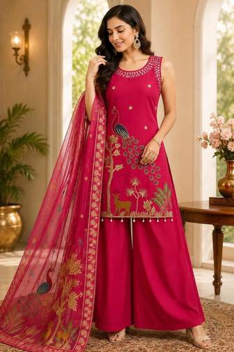 Rani-pink silk blend embroidered palazzo set